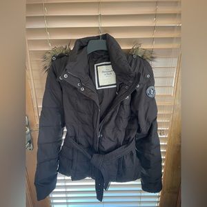 Black Ladies Winter Jacket with belt and hood